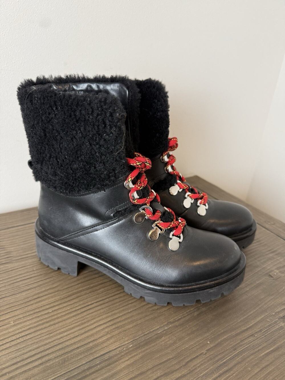 Aquatalia Ankle Boots Hiking Weatherproof Leather Lace Up Booties Black Red 6.5